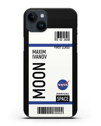 Чехол Космический билет на Луну NASA с именем фамилией силиконовый для iPhone 14 Plus