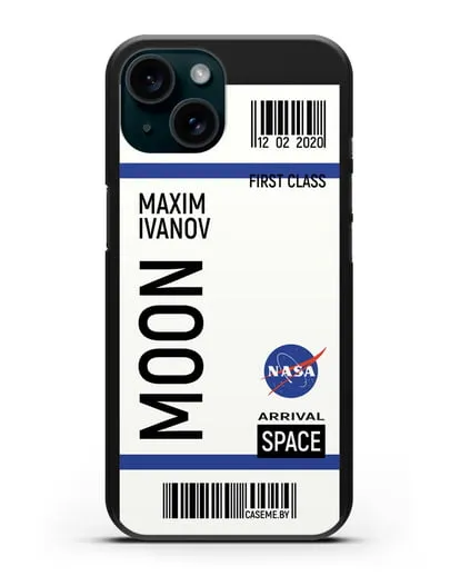 Чехол Космический билет на Луну NASA с именем фамилией силиконовый для iPhone 15