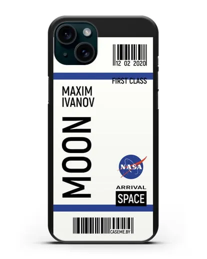 Чехол Космический билет на Луну NASA с именем фамилией силиконовый для iPhone 15 Plus