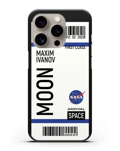 Чехол Космический билет на Луну NASA с именем фамилией силиконовый для iPhone 15 Pro