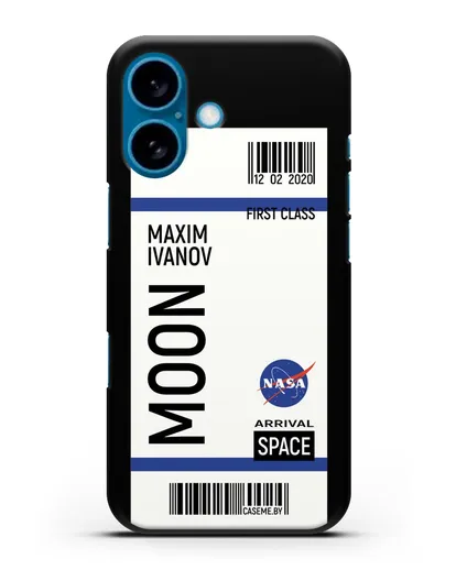 Чехол Космический билет на Луну NASA с именем фамилией силиконовый для iPhone 16