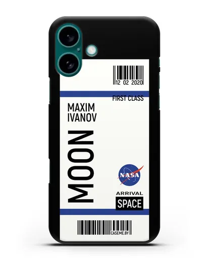 Чехол Космический билет на Луну NASA с именем фамилией силиконовый для iPhone 16 Plus
