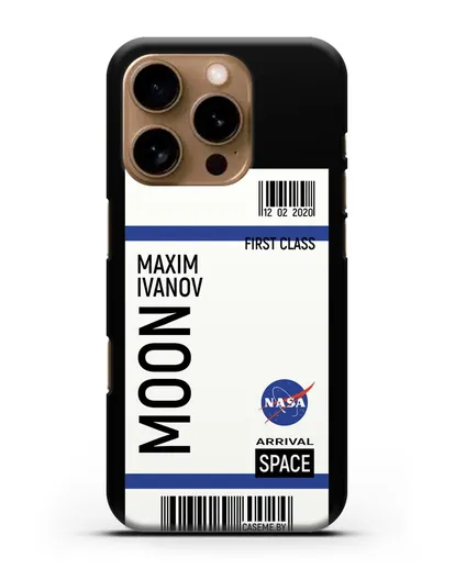 Чехол Космический билет на Луну NASA с именем фамилией силиконовый для iPhone 16 Pro