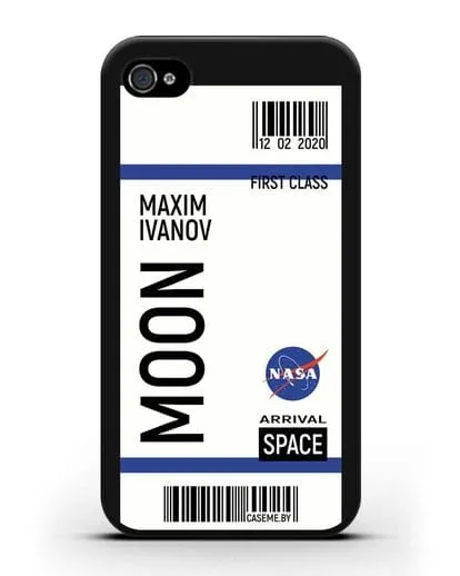 Чехол Космический билет на Луну NASA с именем фамилией силиконовый для iPhone 4/4s