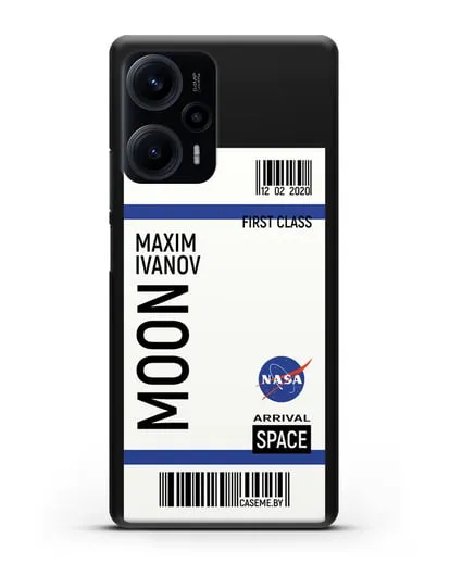 Чехол Космический билет на Луну NASA с именем фамилией силиконовый для Xiaomi Poco F5