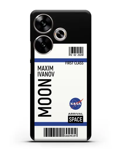Чехол Космический билет на Луну NASA с именем фамилией силиконовый для Xiaomi Poco F6