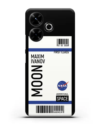 Чехол Космический билет на Луну NASA с именем фамилией силиконовый для Xiaomi Poco M6