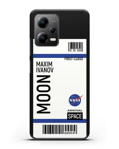 Чехол Космический билет на Луну NASA с именем фамилией силиконовый для Xiaomi Poco X5