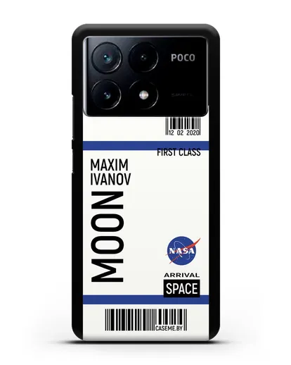 Чехол Космический билет на Луну NASA с именем фамилией силиконовый для Xiaomi Poco X6 Pro