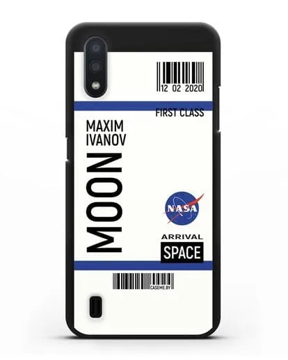 Чехол Космический билет на Луну NASA с именем фамилией силиконовый для Samsung Galaxy A01 [SM-A015F]