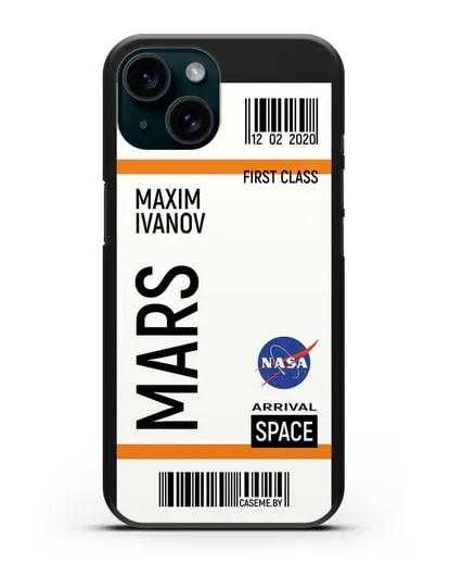 Чехол Космический билет на Марс NASA с именем фамилией силиконовый для iPhone 15