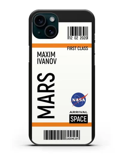 Чехол Космический билет на Марс NASA с именем фамилией силиконовый для iPhone 15 Plus