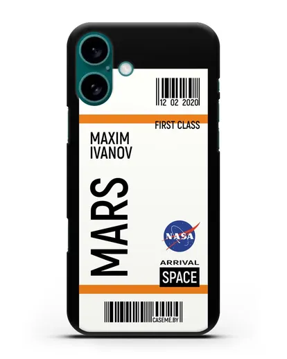 Чехол Космический билет на Марс NASA с именем фамилией силиконовый для iPhone 16 Plus