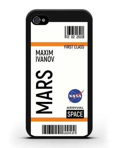 Чехол Космический билет на Марс NASA с именем фамилией силиконовый для iPhone 4/4s