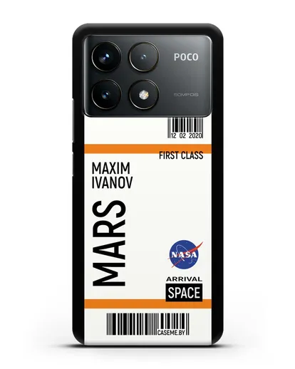 Чехол Космический билет на Марс NASA с именем фамилией силиконовый для Xiaomi Poco F6 Pro