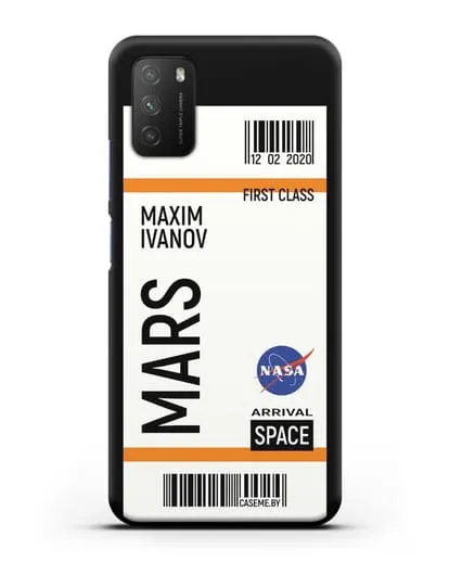 Чехол Космический билет на Марс NASA с именем фамилией силиконовый для Xiaomi Poco M3