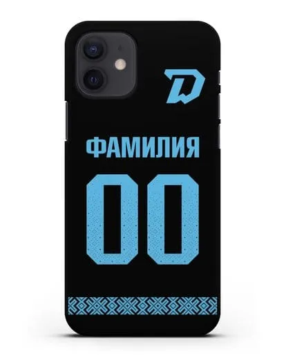 Именной чехол ХК Динамо-Минск с фамилией и номером (сезон 2019-2020) черная форма силиконовый для iPhone 12
