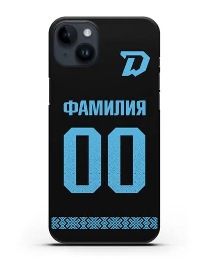 Именной чехол ХК Динамо-Минск с фамилией и номером (сезон 2019-2020) черная форма силиконовый для iPhone 14 Plus