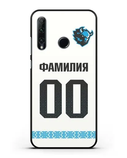 Именной чехол ХК Динамо-Минск с фамилией и номером (сезон 2019-2020) белая форма силиконовый для Honor 20e