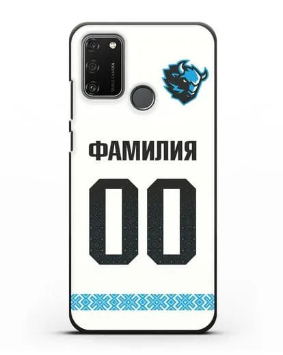 Именной чехол ХК Динамо-Минск с фамилией и номером (сезон 2019-2020) белая форма силиконовый для Honor 9A