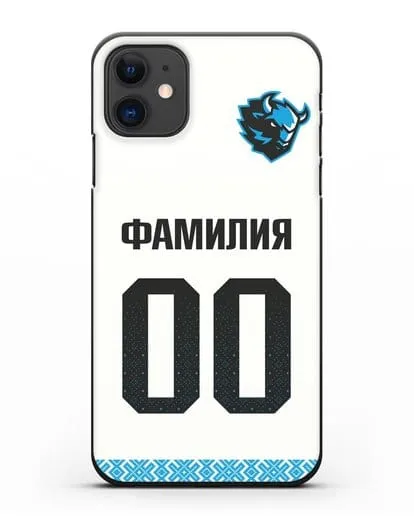 Именной чехол ХК Динамо-Минск с фамилией и номером (сезон 2019-2020) белая форма силиконовый для iPhone 11