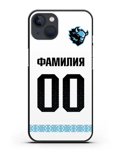 Именной чехол ХК Динамо-Минск с фамилией и номером (сезон 2019-2020) белая форма силиконовый для iPhone 13 Mini