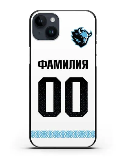 Именной чехол ХК Динамо-Минск с фамилией и номером (сезон 2019-2020) белая форма силиконовый для iPhone 14 Plus