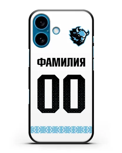 Именной чехол ХК Динамо-Минск с фамилией и номером (сезон 2019-2020) белая форма силиконовый для iPhone 16