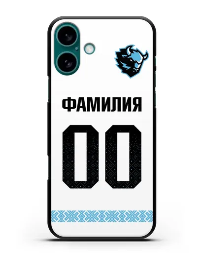 Именной чехол ХК Динамо-Минск с фамилией и номером (сезон 2019-2020) белая форма силиконовый для iPhone 16 Plus