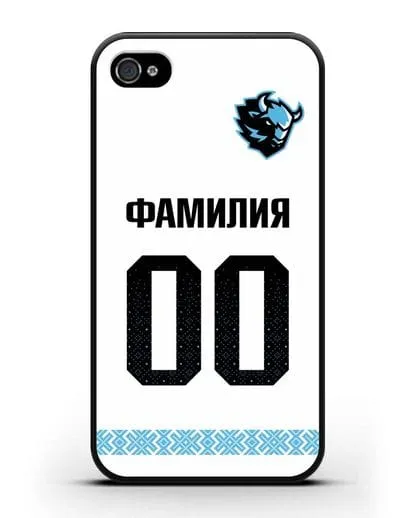 Именной чехол ХК Динамо-Минск с фамилией и номером (сезон 2019-2020) белая форма силиконовый для iPhone 4/4s