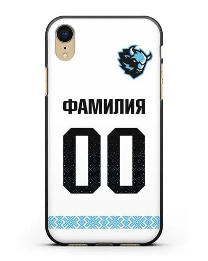 Именной чехол ХК Динамо-Минск с фамилией и номером (сезон 2019-2020) белая форма силиконовый для iPhone XR