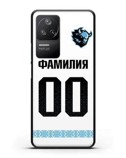 Именной чехол ХК Динамо-Минск с фамилией и номером (сезон 2019-2020) белая форма силиконовый для Xiaomi Poco F4