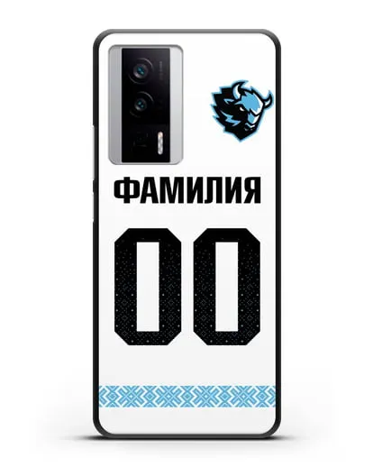Именной чехол ХК Динамо-Минск с фамилией и номером (сезон 2019-2020) белая форма силиконовый для Xiaomi Poco F5 Pro