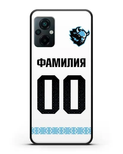 Именной чехол ХК Динамо-Минск с фамилией и номером (сезон 2019-2020) белая форма силиконовый для Xiaomi Poco M5