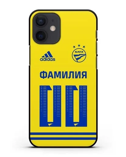 Именной чехол ФК БАТЭ с фамилией и номером (сезон 2020-2021) желтая форма силиконовый для iPhone 12 mini
