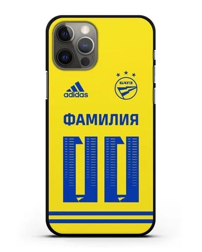 Именной чехол ФК БАТЭ с фамилией и номером (сезон 2020-2021) желтая форма силиконовый для iPhone 12 Pro