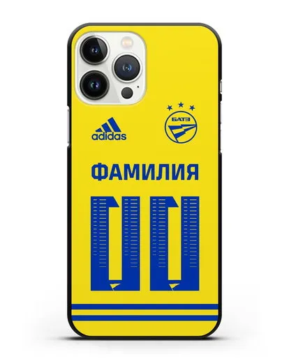 Именной чехол ФК БАТЭ с фамилией и номером (сезон 2020-2021) желтая форма силиконовый для iPhone 13 Pro Max