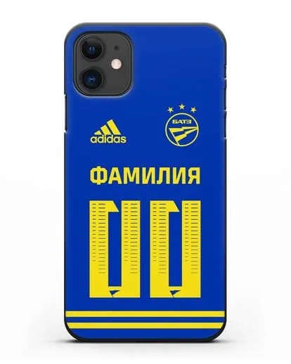 Именной чехол ФК БАТЭ с фамилией и номером (сезон 2020-2021) синяя форма силиконовый для iPhone 11