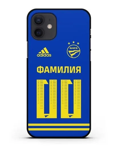 Именной чехол ФК БАТЭ с фамилией и номером (сезон 2020-2021) синяя форма силиконовый для iPhone 12