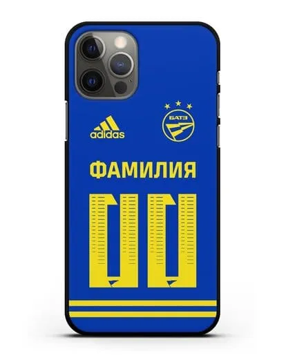 Именной чехол ФК БАТЭ с фамилией и номером (сезон 2020-2021) синяя форма силиконовый для iPhone 12 Pro