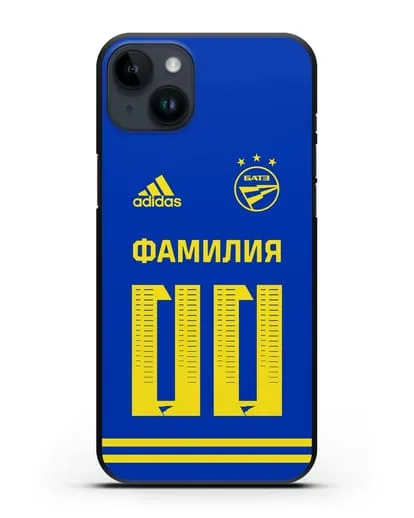 Именной чехол ФК БАТЭ с фамилией и номером (сезон 2020-2021) синяя форма силиконовый для iPhone 14 Plus