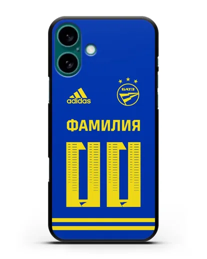 Именной чехол ФК БАТЭ с фамилией и номером (сезон 2020-2021) синяя форма силиконовый для iPhone 16 Plus