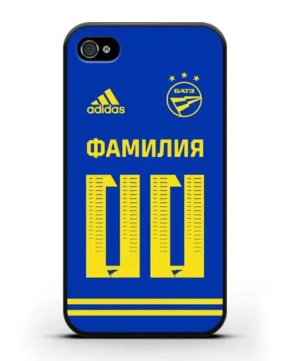 Именной чехол ФК БАТЭ с фамилией и номером (сезон 2020-2021) синяя форма силиконовый для iPhone 4/4s