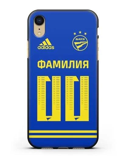 Именной чехол ФК БАТЭ с фамилией и номером (сезон 2020-2021) синяя форма силиконовый для iPhone XR