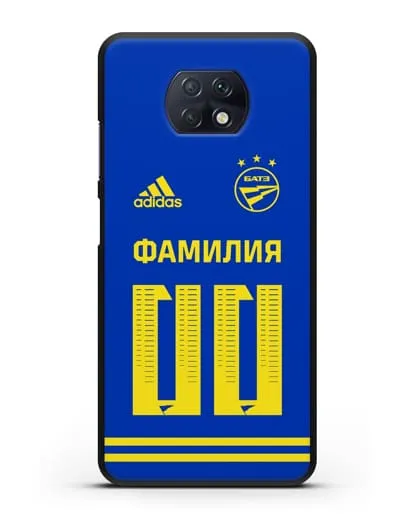 Именной чехол ФК БАТЭ с фамилией и номером (сезон 2020-2021) синяя форма силиконовый для Xiaomi Redmi Note 9T