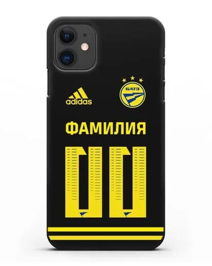 Именной чехол ФК БАТЭ с фамилией и номером (сезон 2020-2021) черная форма силиконовый для iPhone 11