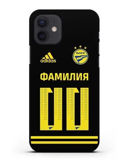 Именной чехол ФК БАТЭ с фамилией и номером (сезон 2020-2021) черная форма силиконовый для iPhone 12