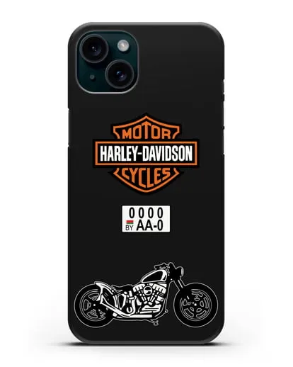 Чехол с изображением мотоцикла Harley-Davison с номерным знаком силиконовый для iPhone 15 Plus