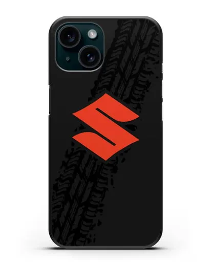Чехол с логотипом Suzuki и протектором шин силиконовый для iPhone 15