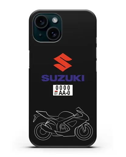 Чехол с изображением спортивного мотоцикла Suzuki с номерным знаком силиконовый для iPhone 15